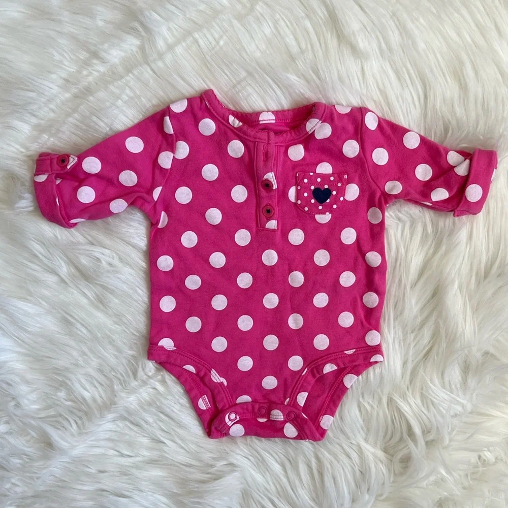 🔴EUC Carter’s Baby Girl Pink & White Polkadot Button Sleeve Onesie SZ 3m💕 - Picture 1 of 10